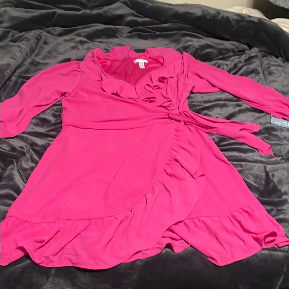 Pink faux wrap dress with ruffled V neck